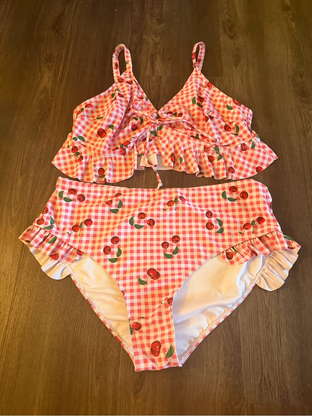 Pink Gingham Cherry Ruffle Bikini Set